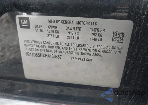 2017 Chevrolet Sonic Lt Auto z USA, uszkodzony, nr VIN 1G1JD5SHXH4130857